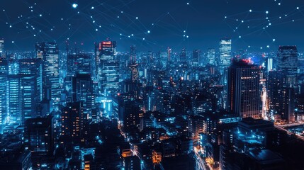 Modern cityscape at night showcasing wireless network connections highlighting technology s integration within urban environments
