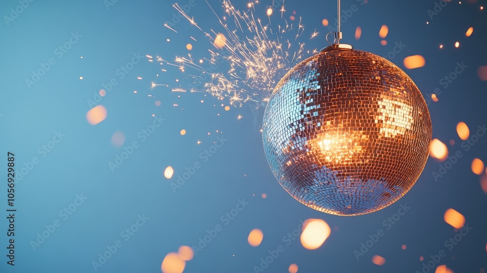 Poster disco mirror ball with wick and sparks against a blue background representing a dynamic creative ide