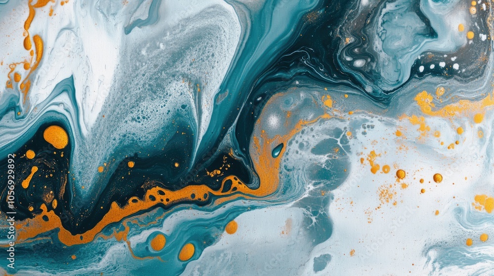 Poster Banner featuring a fluid art texture and an abstract paint mixing effect Liquid acrylic artwork with flowing and splashing designs Ideal for interior poster with gray teal blue gold and white hues