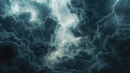 View of Earth from above featuring dense gray clouds and lightning storms depicting a severe climate crisis with a dark and foreboding atmosphere