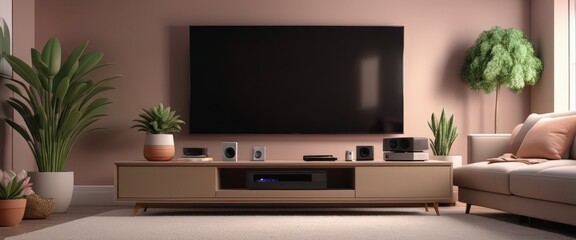 Modern living room with home theater setup and indoor plants
