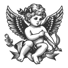 Fototapeta premium Cupid angel holding a bow and arrow, love and romance in detailed line art sketch engraving generative ai fictional character vector illustration. Scratch board imitation. Black and white image.