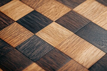 Close-up of wooden checkerboard pattern with natural texture and contrast
