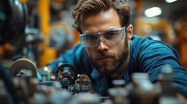 A focused worker in safety glasses examines machinery components.