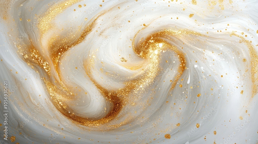 Aufkleber abstract painting featuring a swirling pattern in gold and white adorned with shimmering gold specks