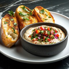 A plate of bread and a black bowl of hummus