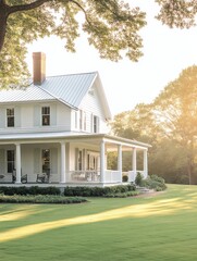 Large white southern house with a wrap around porch and green grass