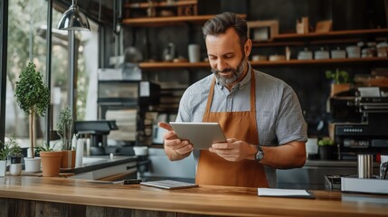 Barista in a modern cafe using a tablet device while standing behind a wooden counter. The interior features plants, shelves with various items, and a coffee machine.