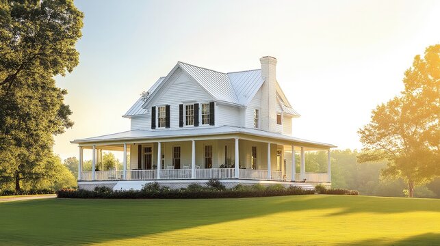 Large white southern house with a wrap around porch and green grass