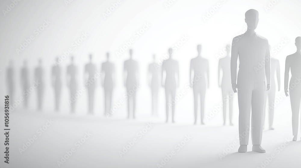 Poster a minimalist scene featuring abstract figures in a foggy environment, symbolizing individuality and 