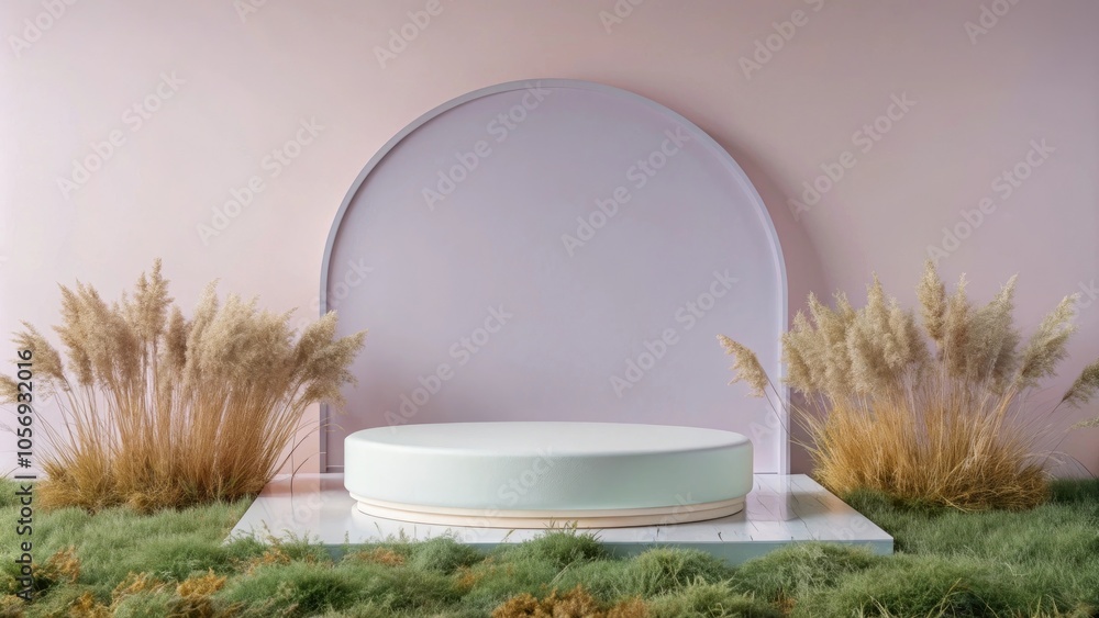 Poster minimalist stage setup advertisement with a circular backdrop and green foliage for product showcase