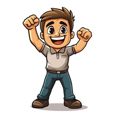 Cartoon employee raising a fist in triumph, celebrating success on a white background.