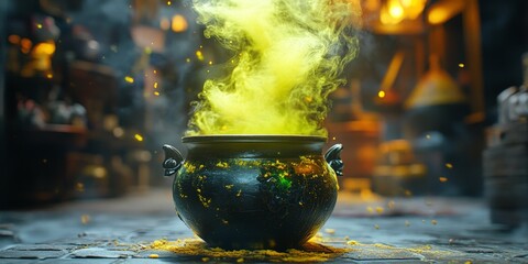 Black witch cauldron with green toxic smoke rising, perfect for Halloween and fantasy themes