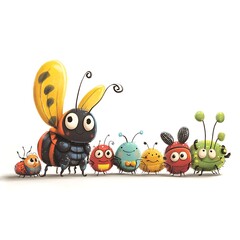 Obraz premium A cute cartoon insect parade featuring various insects with happy faces marching together on a white background.