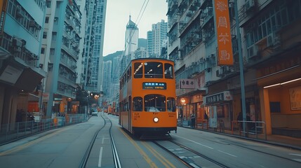 Fototapeta premium A vintage tram travels through a busy urban street in Hong Kong, surrounded by tall buildings.