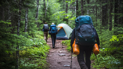 Hikers trek through a lush forest towards a tent, showcasing the beauty of nature and the spirit of adventure.