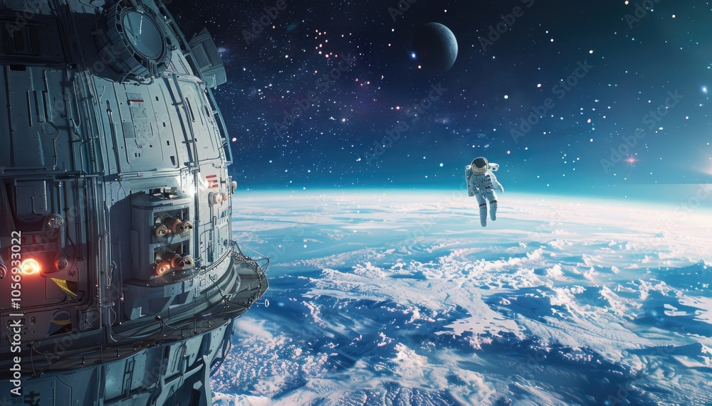 Wall mural astronaut floating in space near a futuristic space station and a planet
