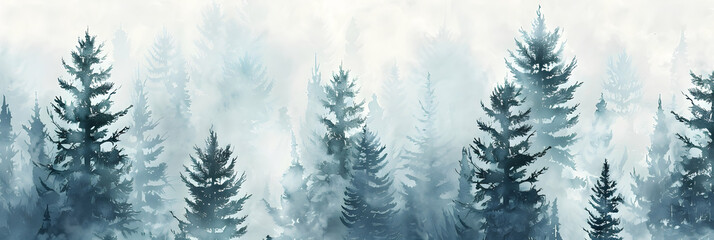 Fototapeta premium Abstract misty pine forest, seamless pattern, soft blue and gray colors, white background