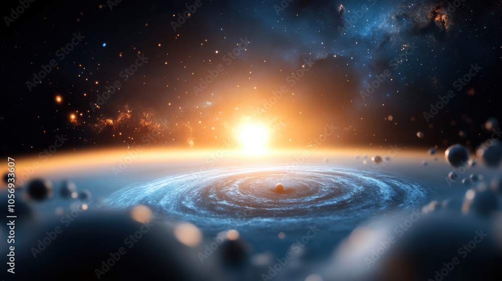 Poster a panoramic view of a galaxy, bathed in the ethereal light of celestial objects, revealing the vastn