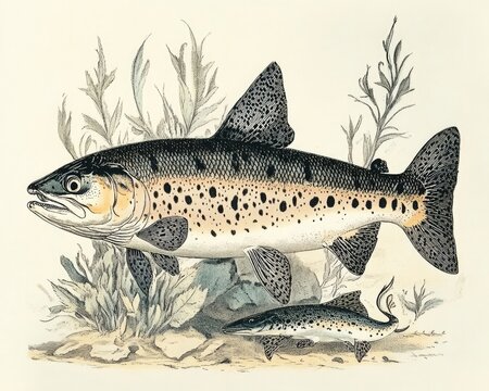 Old-school vintage drawing of an Alaskan rainbow trout fish