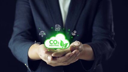 businessman presents a strategy for carbon reduction that aims to reduce carbon dioxide emissions,...