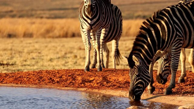 Plains zebra drinking at waterhole at sunset in dry African landscape, telephoto