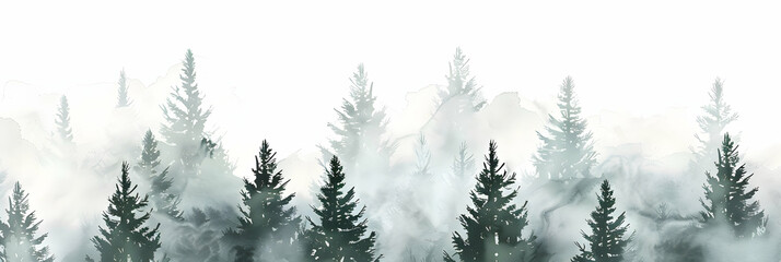 A seamless watercolor border of misty pine trees, blending seamlessly into the white background