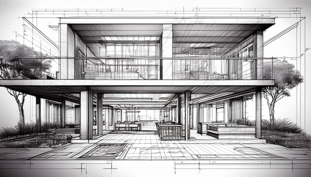 Architektur Modern Blaupause Grundrisse Schnitte Ansichten