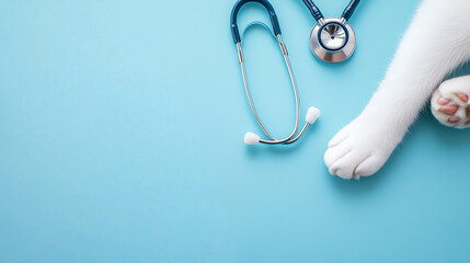 Cat paws and a stethoscope on a blue background. The concept of veterinary medicine. Taking care of pets. Banner. Copy space.