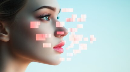 A humanoid AI, its face a shifting mosaic of digital expressions, interacts with a human, blurring the line between reality and illusion.