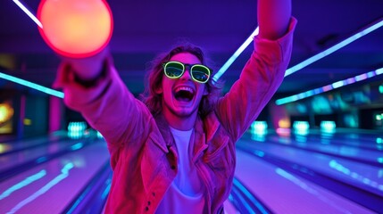 A man is bowling in a neon bowling alley with a glow stick in his hand