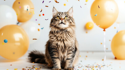 Fluffy tabby cat sitting among colorful balloons and falling confetti, set in a festive indoor environment with a bright background.