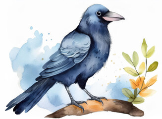 Watercolor Illustration of a Crow Perched on a Branch