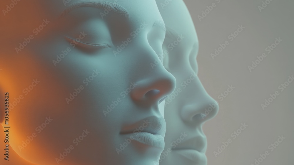 Poster a serene and artistic representation of human faces in soft light, symbolizing tranquility and intro