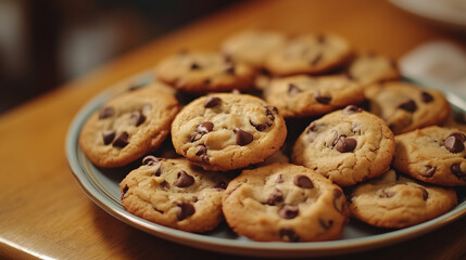 National Cookie Day. Fresh American chocolate chip cookies in a plate on a wooden table.