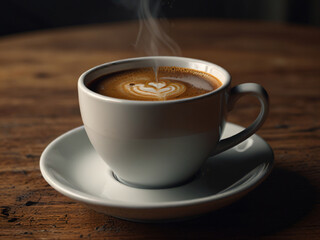 A beautifully crafted latte coffee sits on a saucer, placed on a wooden table by a window with a view of lush green trees.