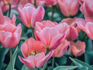 Obraz premium Pink tulips in full bloom enchanting floral display soft pastel hues
