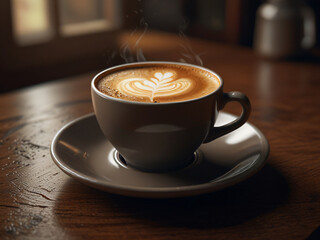 A beautifully crafted latte coffee sits on a saucer, placed on a wooden table by a window with a view of lush green trees.