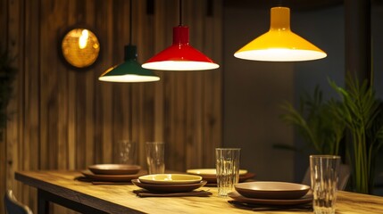 Three pendant lamps in bold colors illuminate a simple, wooden dining table adorned with plates and glasses for a cozy meal.
