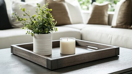 Fototapeta premium Cozy Living Room Decor with Plants and Candle