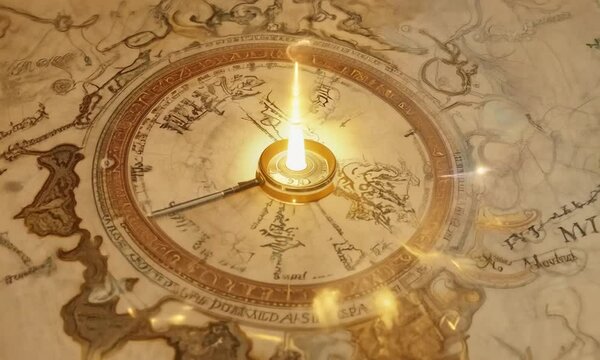 Compass embedded in a treasure map, glowing with magical energy.