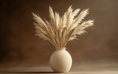 Naklejka premium A front view of beige dried pampas grass elegantly displayed in a beige vase against a dark brown background