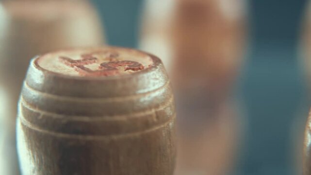 Macro video of Bingo wooden barrels on a rotating stand, rotating 360, lucky numbers, 4K