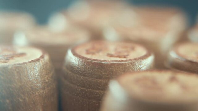 Macro video of Bingo wooden barrels on a rotating stand, rotating 360, lucky numbers, depth of field, 4K