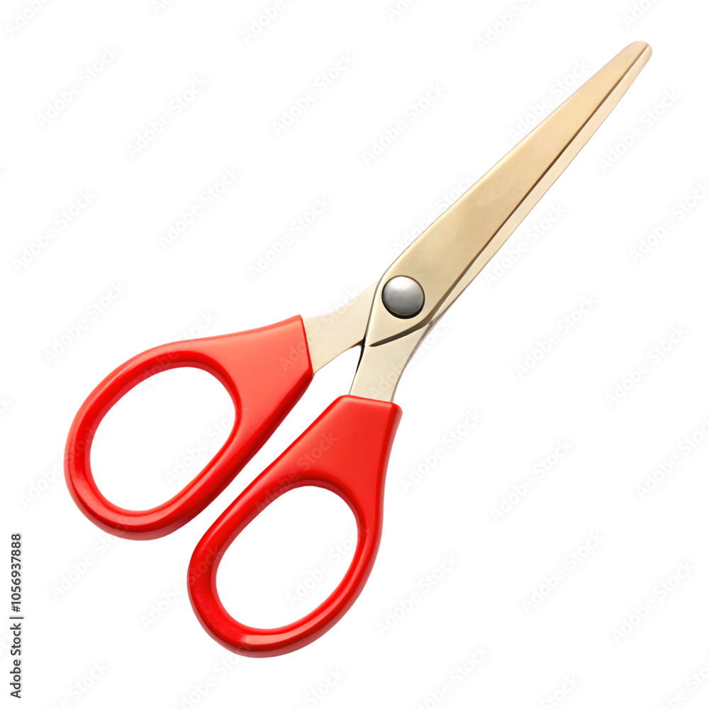 Poster pair of red-handled scissors with silver blades. clean, simple design with rounded handles, showing 