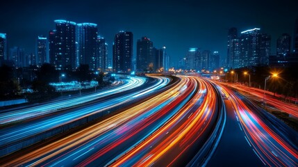 Obraz premium Nighttime Cityscape with Light Trails on a Highway
