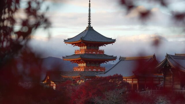 Kiyomizu-dera Temple in Kyoto, Japan, Surrounded by Red Maple Leaves in Autumn epic view