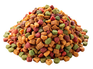 Pile of multicolored pet food kibble in shades of green, red, and yellow, set against a transparent background. Varied shapes and textures emphasize nutrition and variety for pets