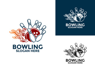 Bowling sports logo vector , Pin Strike Bowling with Flame logo design template
