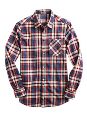 Red, white, and blue plaid shirt with button-down design, set against a transparent background. Features a pocket on the chest, offering a classic, comfortable look ideal for casual wear